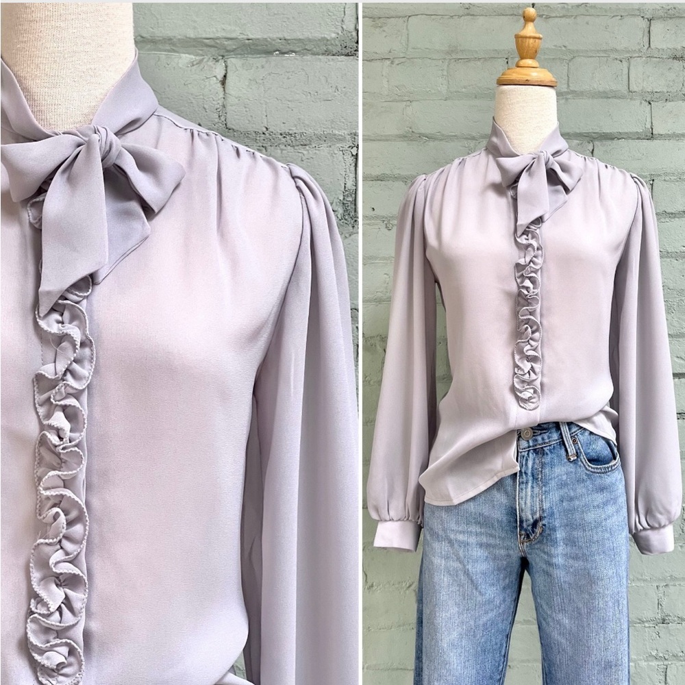 Vintage Sheer Gray Long Sleeve Ruffle Blouse with Bow Tie Collar - Picture 8 of 8